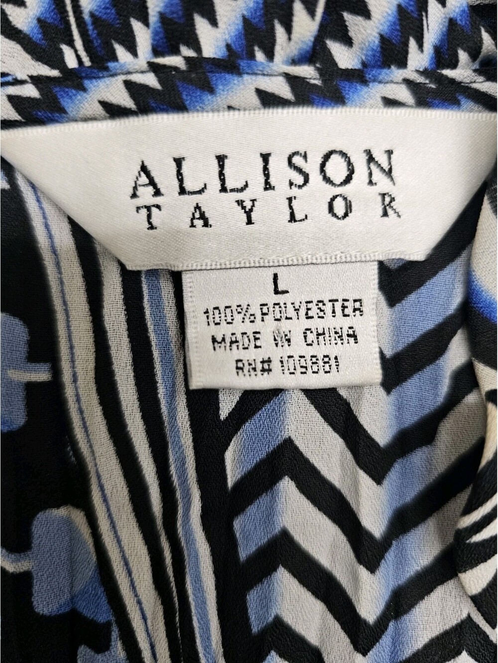 Allison Taylor Women Geometric Print Blouse Blue Black White Ruffle Sleeve Large - Picture 3 of 5